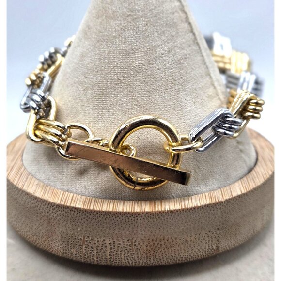 Two Tone Gold/Silver Abstract Link Chain Toggle Clasp Bracelet, Lightweight - Picture 3 of 4